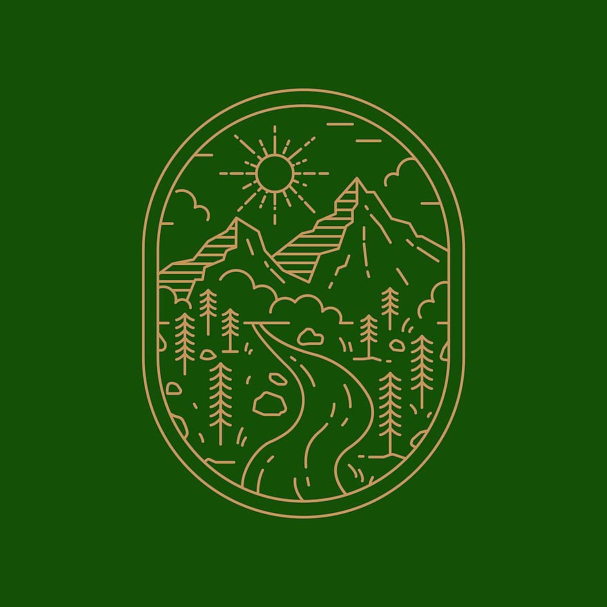 горы, Дорога, логотип, природа, деревья, солнце, Солнечный лучик, дорожка, пейзаж, творческий, зеленый