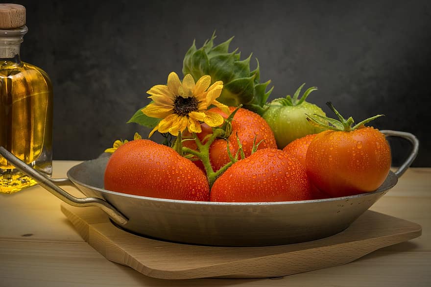 tomat, buah-buahan, makanan, bunga matahari, masih hidup, panci, segar, sehat