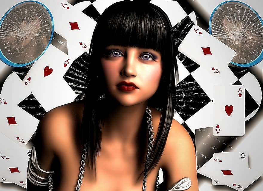 žena, karty, hazardních her, zrcadlo, hrát si, karetní hra, tak jako, hrací karta, vyhrát, diamanty, trumpf