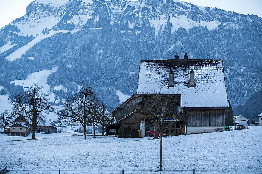 domy, kabina, wioska, śnieg, zimowy, wieczór, Szwajcaria, Góra, krajobraz, Chata, pasmo górskie