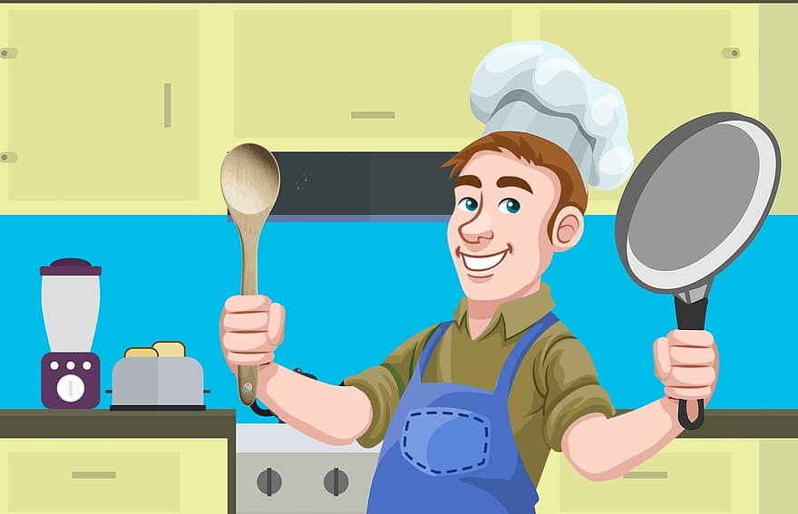 šéfkuchař, pánev, vaření, smažení, čepice, muž, kuchyně, kreslená pohádka, jídlo, mužský, jíst