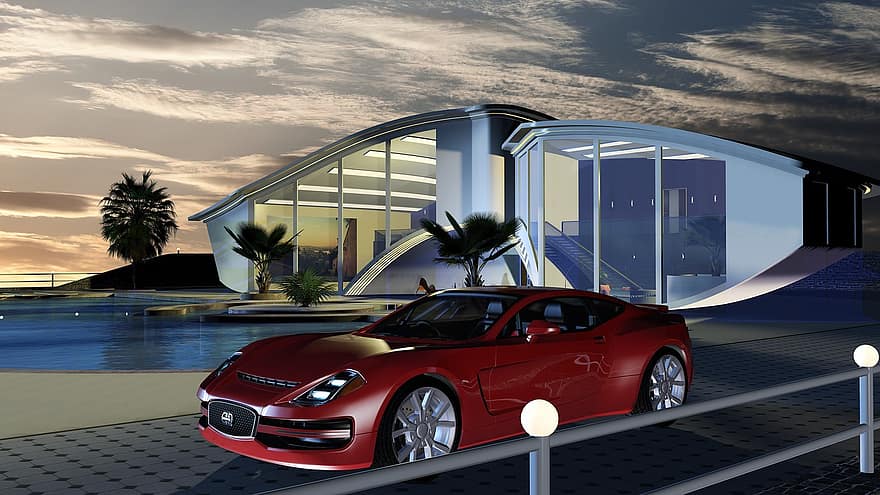 futuristický, obytných budov, vila, sportovní auto, pkw, Hypermoderní, poskytnout, poskytnuty, Modelka, architektura, mediteran