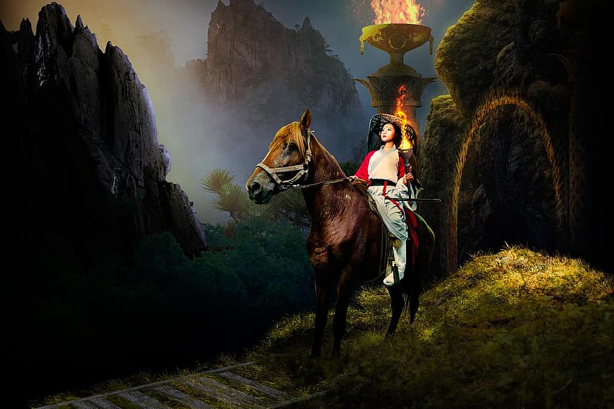 жінка, верхова їзда, гірський, печера, нічне небо, диму, кінь, чоловіки, спорт, дорослий, сільська сцена