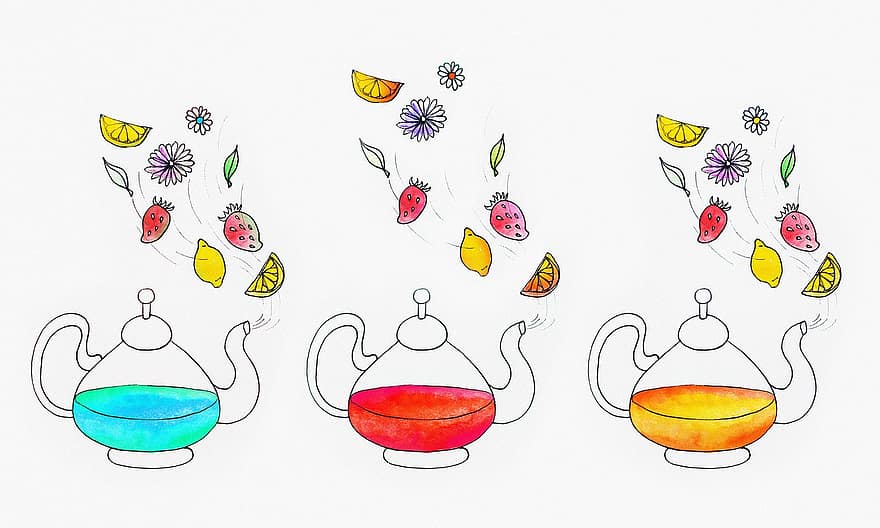 té, tetera, té de frutas, té de flores, beber, preparar té, oler, Art º, bosquejo, álbum de recortes, dibujo