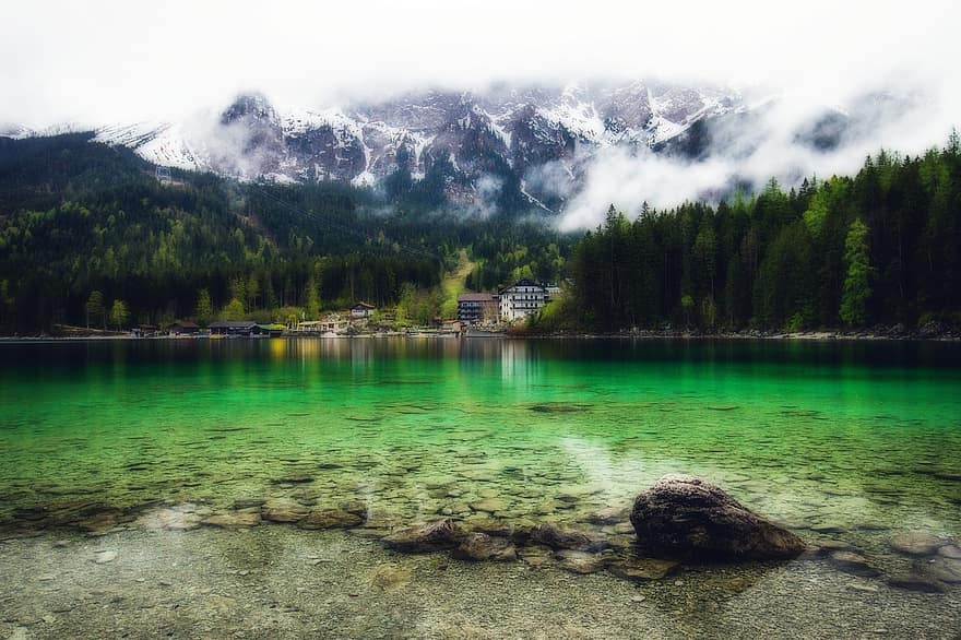bergsee, danau, jerman, allgäu, pemandangan, gunung, air, hutan, musim panas, warna hijau, pegunungan