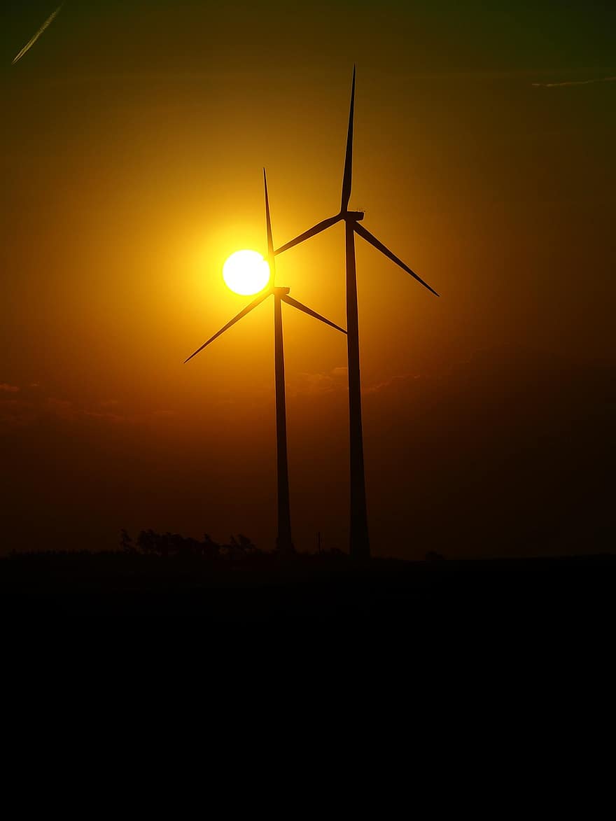 Ветряные турбины, ветер, солнечный, энергия, технология, заход солнца, электричество, зеленая энергия, экология