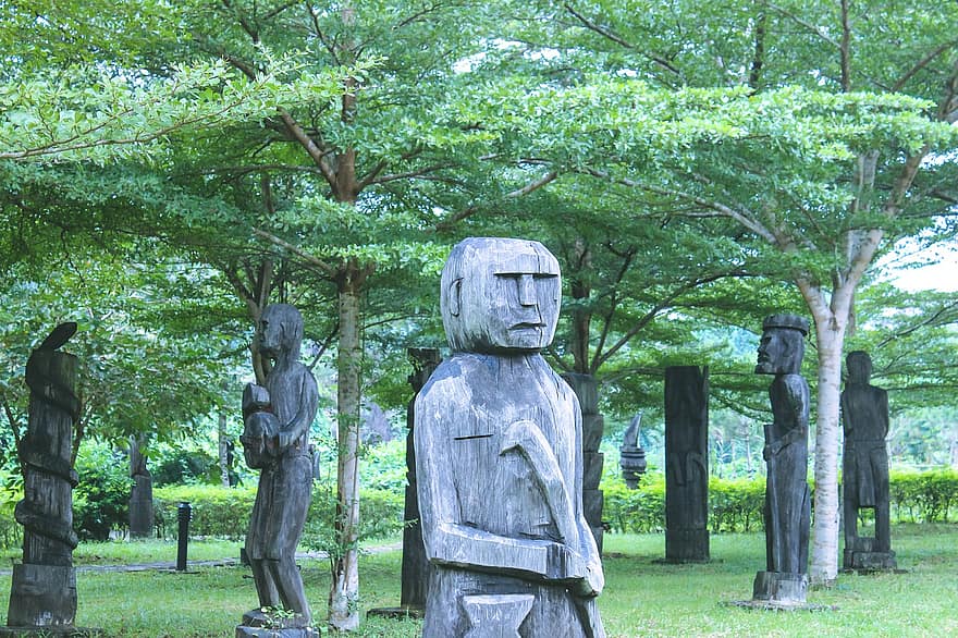 standbeeld, beeldhouwwerken, park, bomen, houten, tuin-, Hanoi, Vietnam, achtergrond
