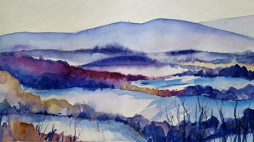 Painting, Country, Cold, Snow, Winter, Watercolor, Nature
