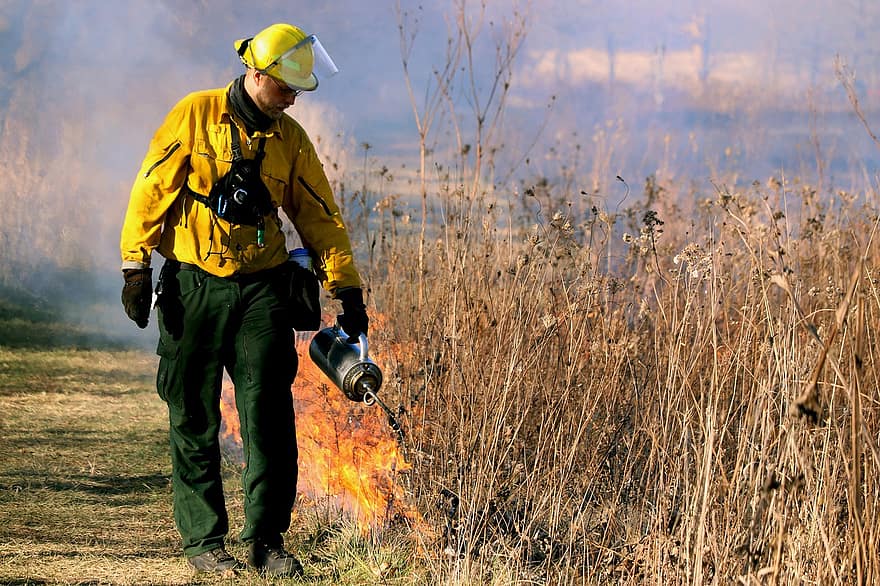 Firefighter, Fire, Prairie Fire, Wildfire, Burn, Burning, Firefighting, Prairie Maintenance, Man, Work, Field
