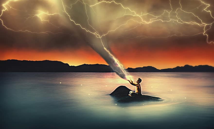 البحر ، صخرة ، عاصفة الغيوم ، ومضات ، إلى الأمام ، إعصار ، صورة خيالية ، رجل ، سحر ، ومضات من الضوء ، رائع