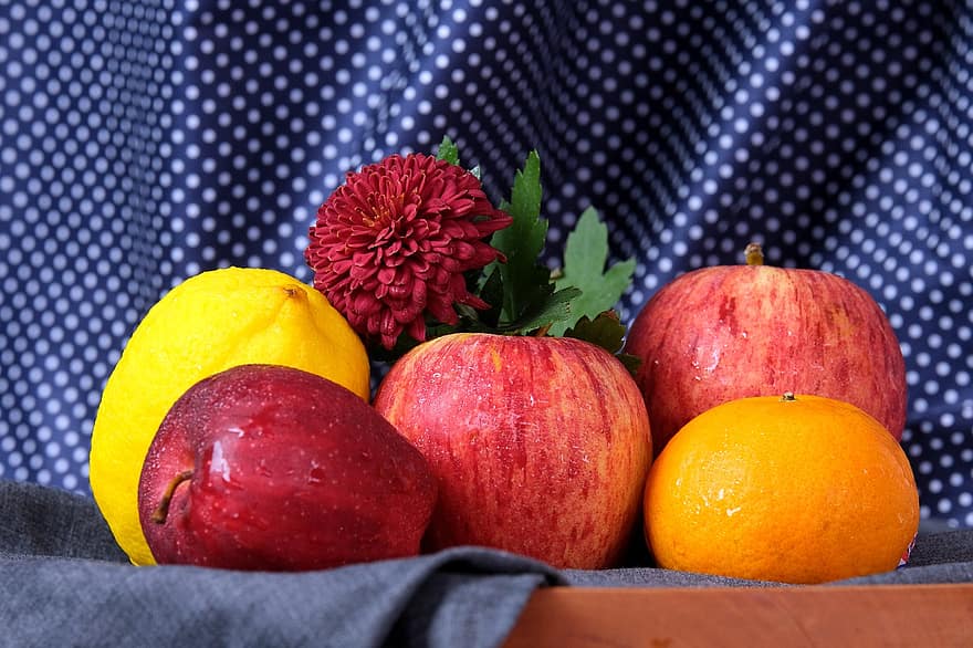 фрукти, квітка, Натюрморт, помаранчевий, яблуко, лимон, хризантема, їжа, органічні, виробляти, здоровий