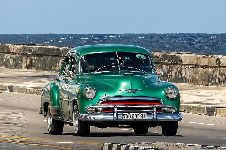 carro, veículo, Táxi, Cuba, Havana, vedado, Malecon, almendron, hotel riviera, antiquado, transporte