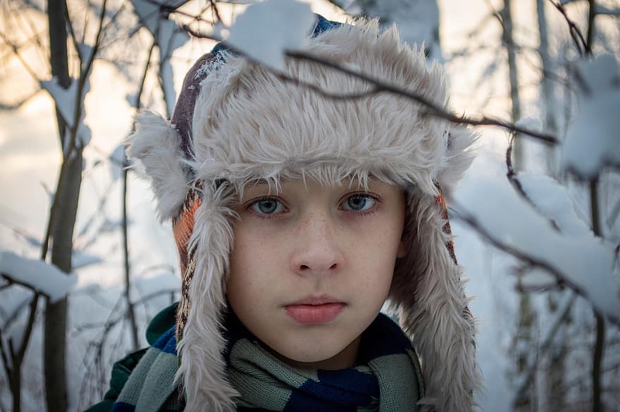 jongen, winter, portret, hoed, tiener, baby, kinderen, Russisch, Slaven, Siberië, persoon
