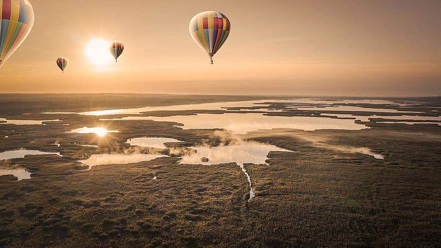 Hot Air Balloons, Sunset, Sky, Nature, Landscape, hot air balloon, flying, adventure, water, travel, summer
