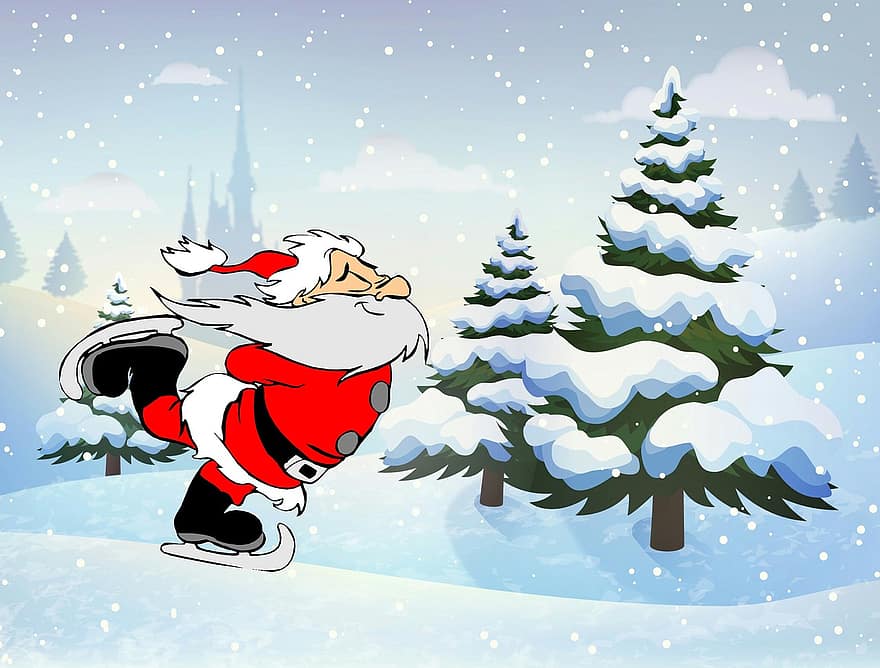 nevando, Navidad, Papá Noel, linda, sombrero, santa, patinaje sobre hielo, cómico, vacaciones, invierno, dibujos animados