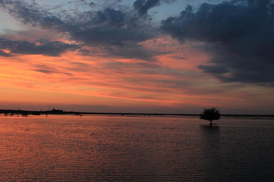 solnedgang, Volga-regionen, natur, himmel, skyer, landskab, horisont, tusmørke, skumring, vand, sol