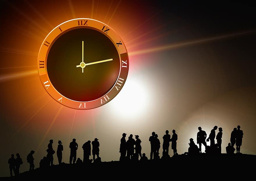 Human, Group, Clock, Time, Silhouette, Background, Night, Evening, Atmosphere, Mood, Gold