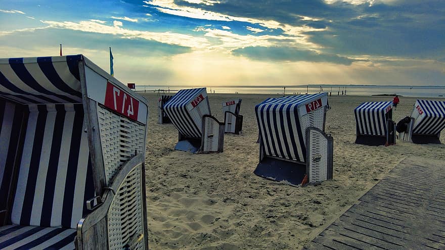 해변 의자, 일몰, 바닷가, 모래, 연안, 기분 전환, 휴가