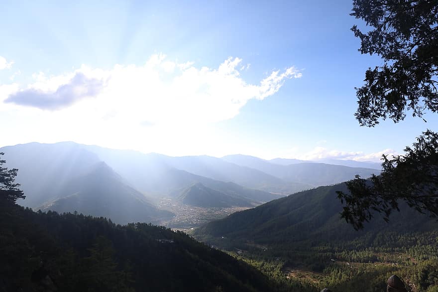 Butāna, ceļot, raksturs, saulrieta, ainavu, fotogrāfija, kalns, vasarā, mežs, zils, kalnu virsotne