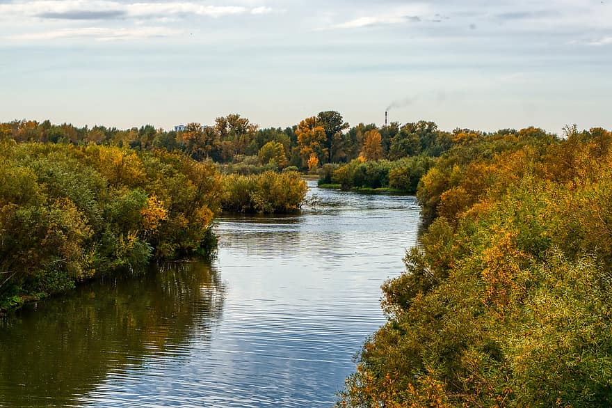 川、水、円盛、クラスノヤルスク、空、雲、岸、自然、風景、ロシア、秋
