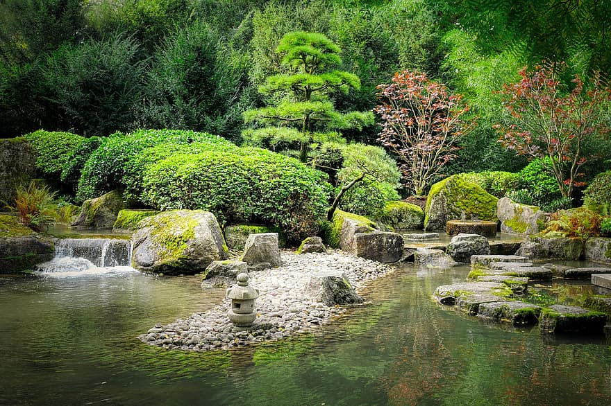giardino zen, giardino, lago, stagno, torrente, acqua, cascata, giardino giapponese, ciottoli, banca di ghiaia, pietre