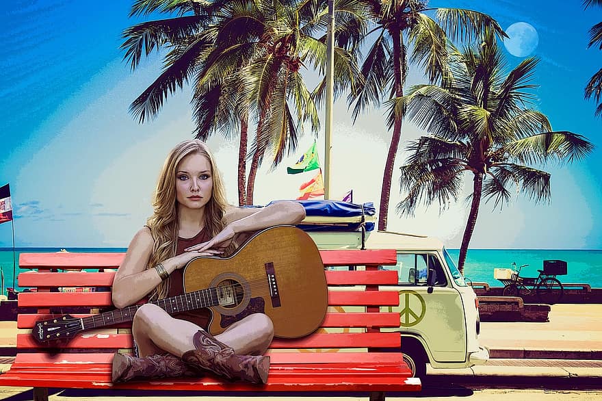 sieviete, pludmale, jūra, ģitāra, mūziku, Irene, blondīne, krāsas, palmas, tapetes, iztēle