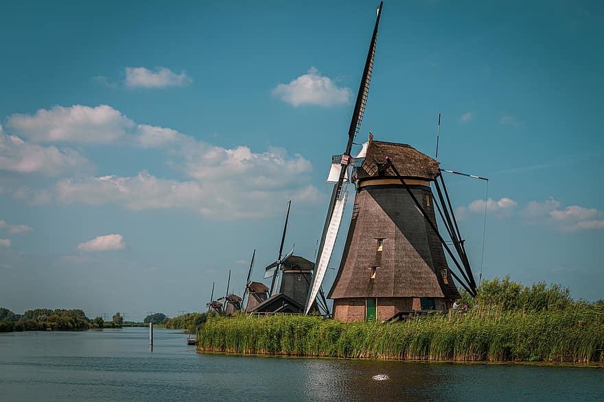 Kinderdijk, mulini, Olanda, mulini a vento, Rotterdam, natura, paesaggio, scena rurale, architettura, blu, estate