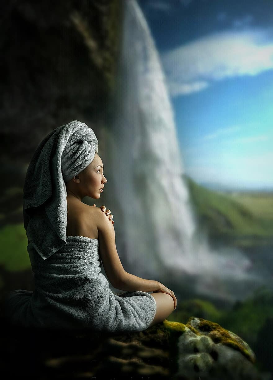vattenfall, kvinna, handduk, Kvinna I Handduk, badning, landskap, falls