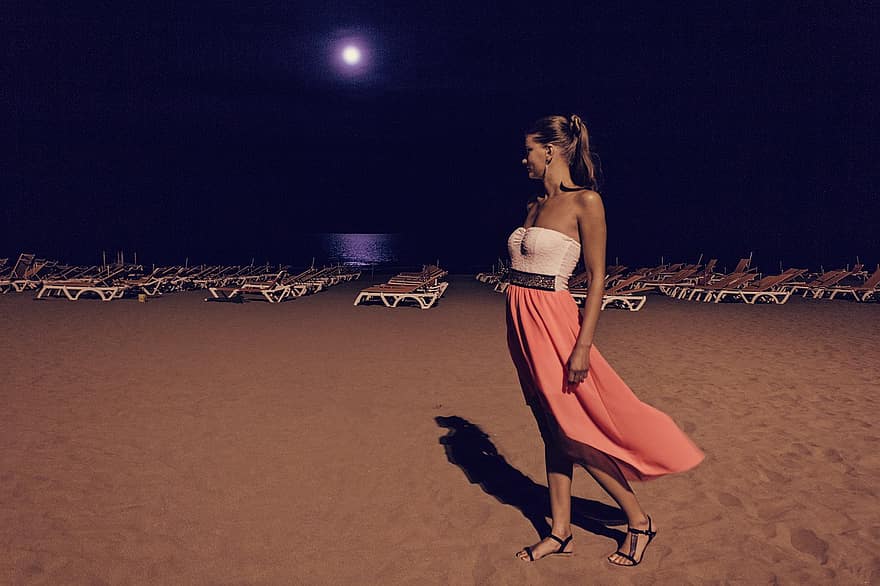 Gran canaria, đảo Canary, playa del ingles, bờ biển, ánh trăng, người phụ nữ trẻ, đàn bà, mùa hè