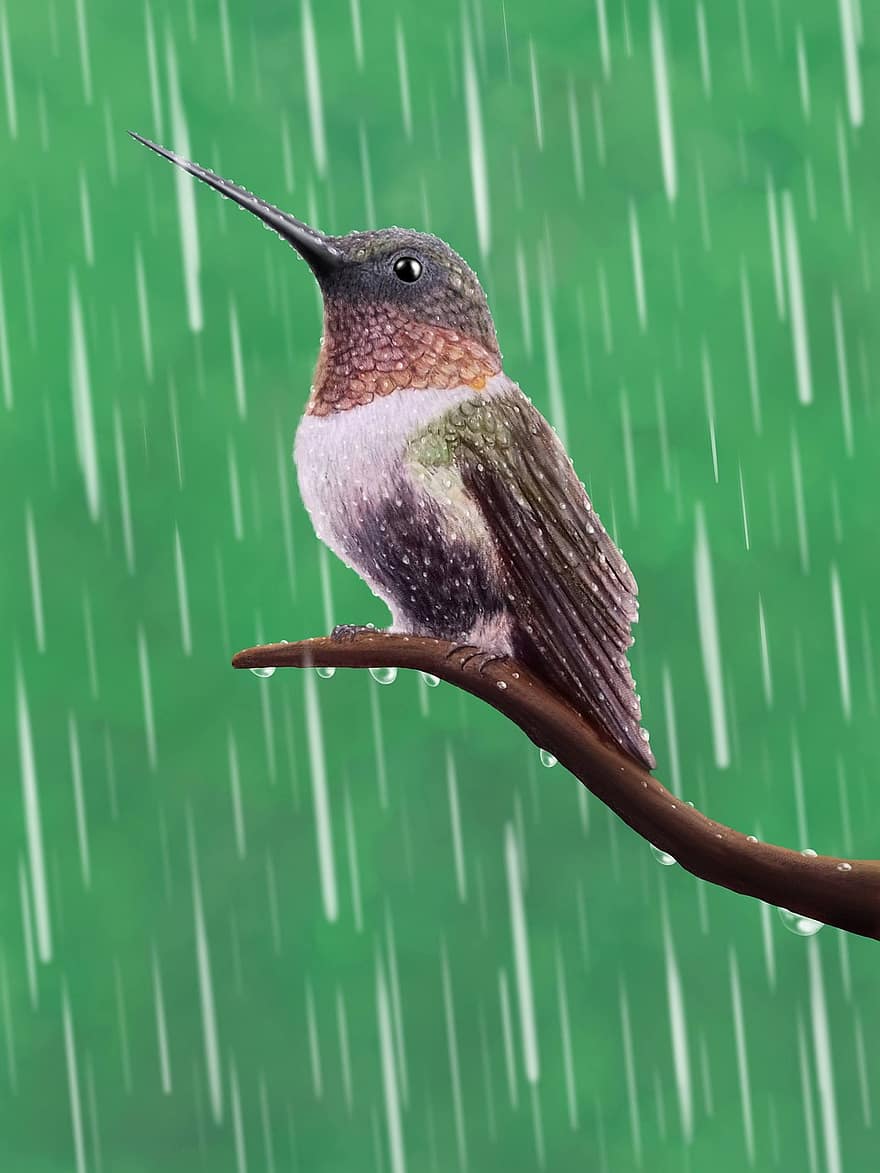 колибри, птица, дъжд, животно, дивата природа, фауна, природа, кацнал