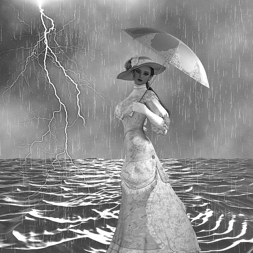 fantazie, dívka, ženy, déšť, voda, hrom, Blesk