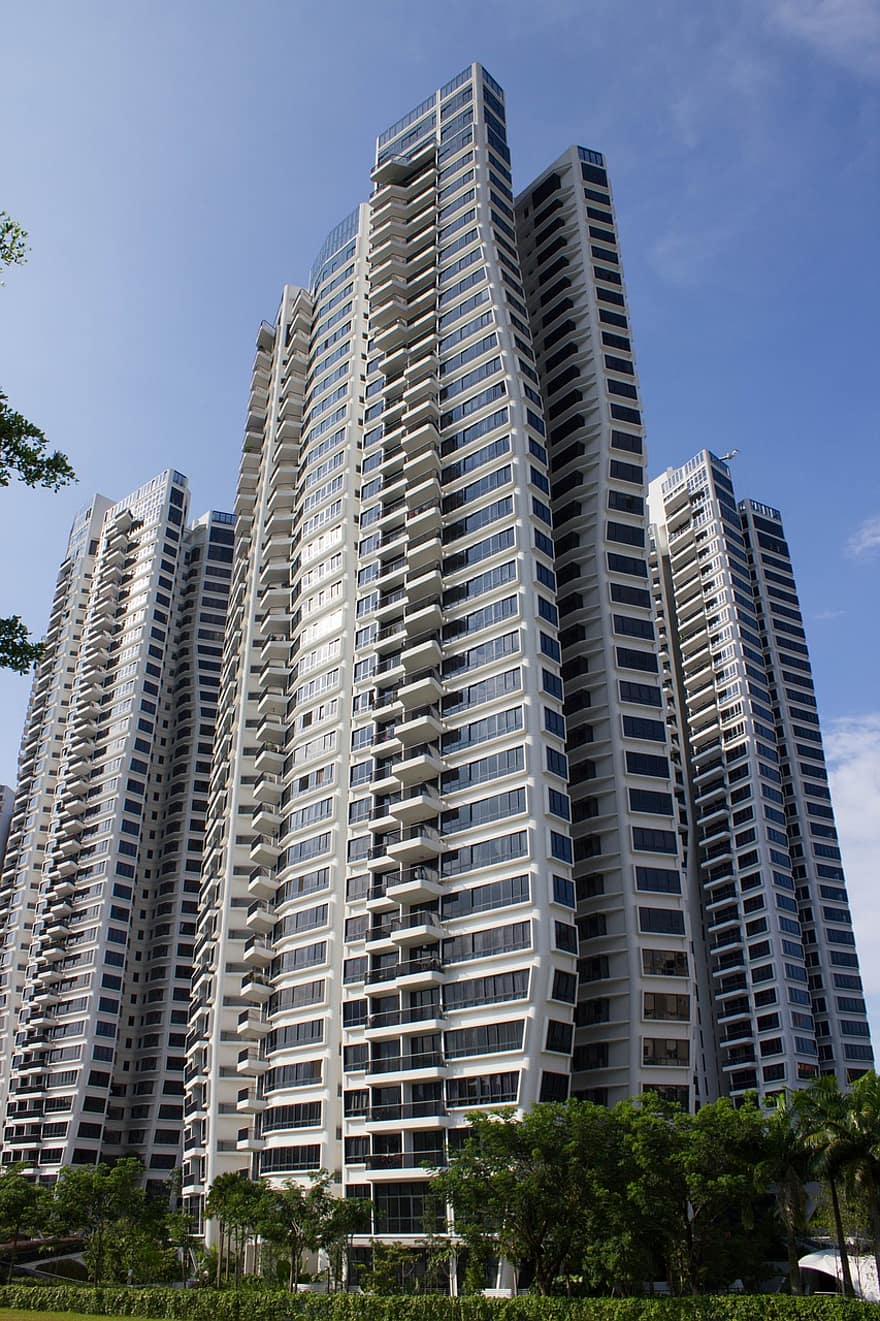 bygninger, skyskrapere, hytter, boligbygg, høyhuset, høyhus, arkitektur, fasader, singapore, skyline, moderne bygninger