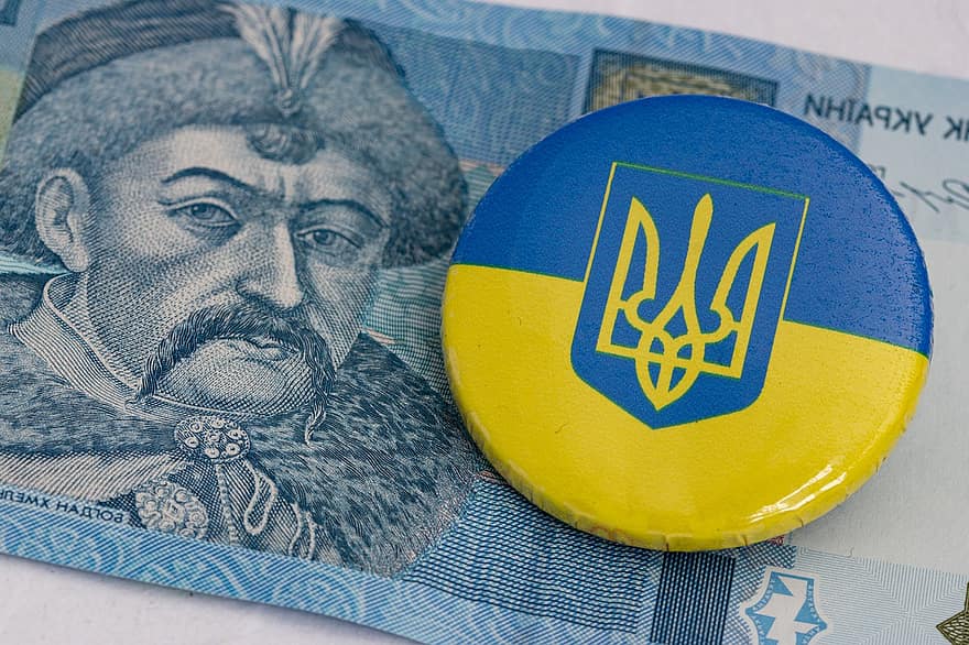 ukraińska hrywna, Ukraina Bandge, Ukraina, pieniądze, banknot, rachunek, przycisk, herb, waluta, chrześcijaństwo, symbol