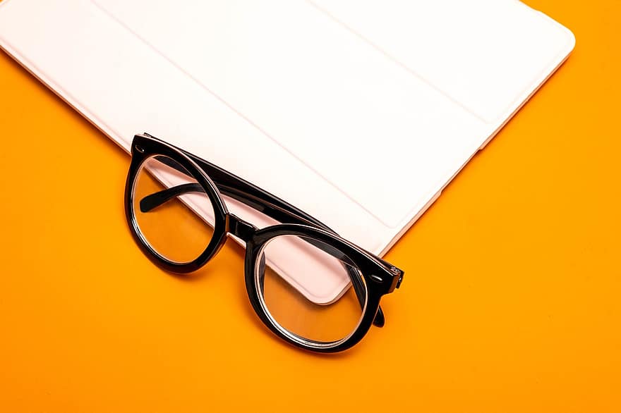 briller, tablett, Briller med sort kant, bakgrunn, enkelt objekt, syn, nærbilde, utdanning, bok, papir, litteratur