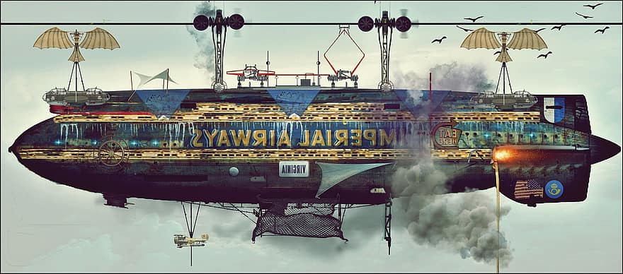 luftskib, steampunk, gondol, fantasi, Dieselpunk, Atompunk, transportmidler, nautiske fartøj, Forsendelse, skib, industri