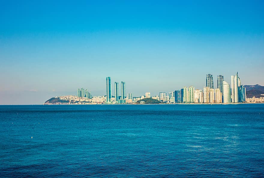 пляж Хэундэ, город, море, океан, здания, небоскребы, линия горизонта, городской, декорации, Посмотреть, вид на океан
