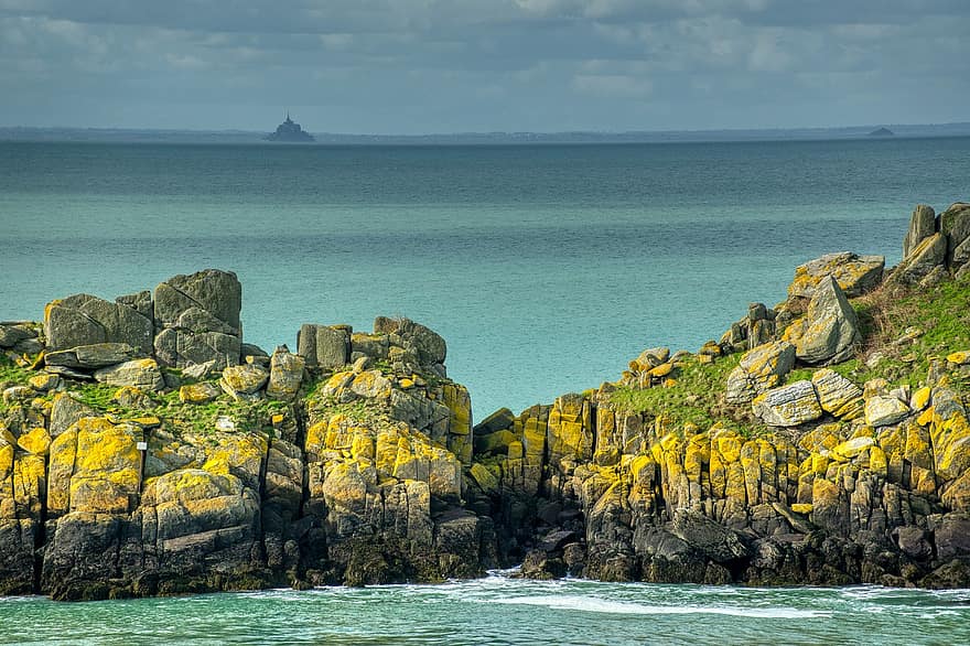 Island, Rocks, Ocean, Waves, Coast, Shore, Normandy, Mont Saint Michel, Abbey, France, Monastery