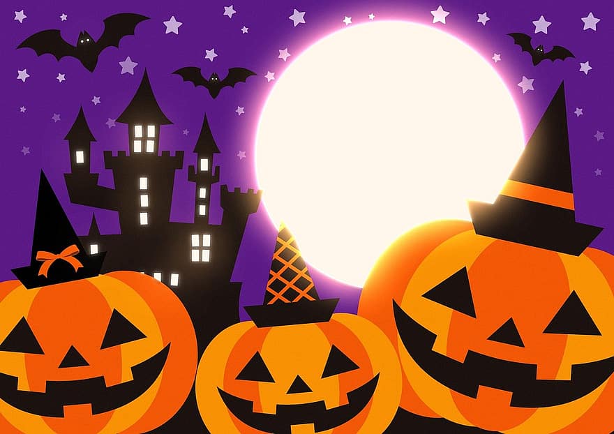 Halloween Background, Pumpkins, Haunted House, Moon, Jack-o'-lanterns, Holiday, Spooky, Dark, Horror, Scary, Fantasy