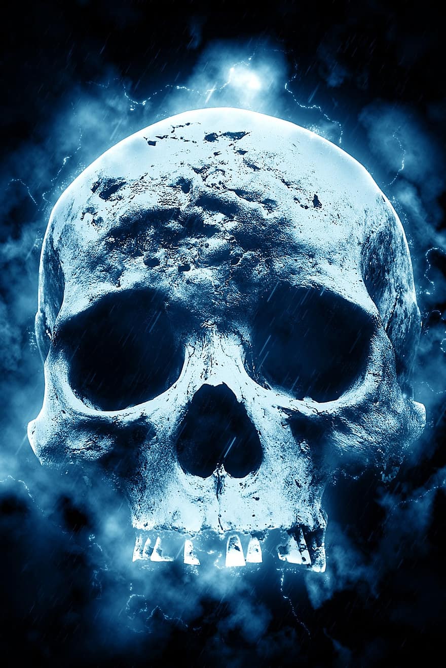 두개골, 죽음, 공포, 할로윈, 무서운, 인간의, 유령 같은, 푸른 죽음, 푸른 해골, 푸른 인간