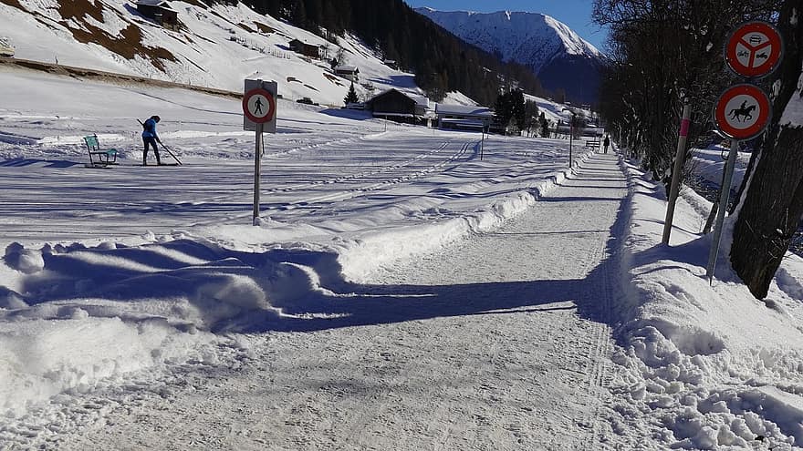 ruta de senderismo, nieve, davos, invierno, Suiza, sendero, camino, la carretera, paisaje, Alpes suizos, montañas