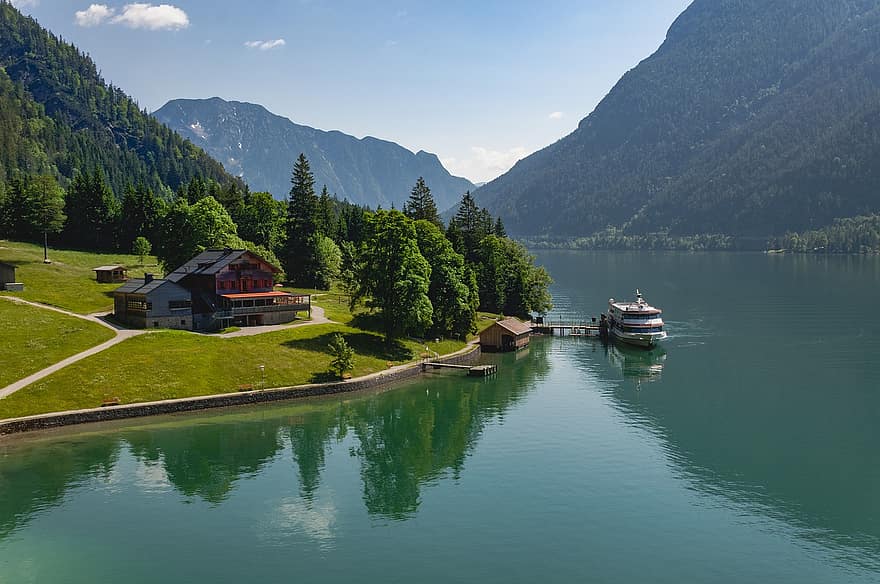 lago, naturaleza, bote, casa, viaje, exploración, al aire libre, enviar, montañas, Tirol, montaña