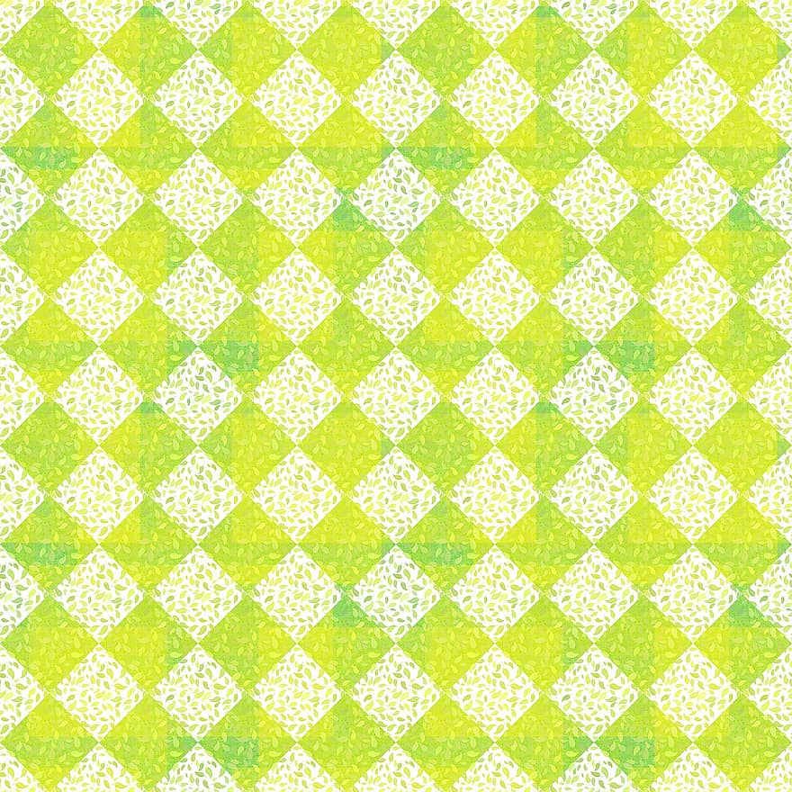 Squares, Checkered, Mosaic, Leaves, Pattern, Seamless, Green, Abstract, Gingham, Plaid, Print
