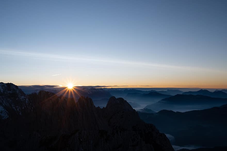 alpi, saullēkts, kalni, migla, augstākā līmeņa sanāksmē, Austrijā, perspektīvas, kalns, saulrieta, kalnu virsotne, rītausma
