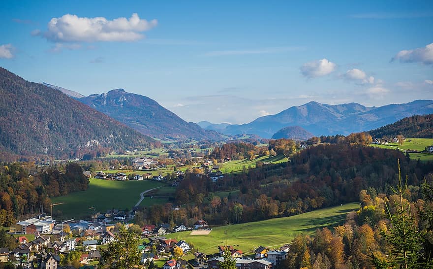 χωριό, Άλπεις, Αυστρία, salzkammergut, ορεινό τοπίο, bad ischl, βουνά, κορυφή, αλπικός, πεζοπορώ, πτώση