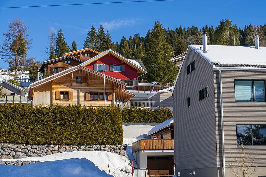 Houses, Village, Winter, Snow, Snowdrift, Alps, Town, Brunni, Canton Of Schwyz, Switzerland, Trees