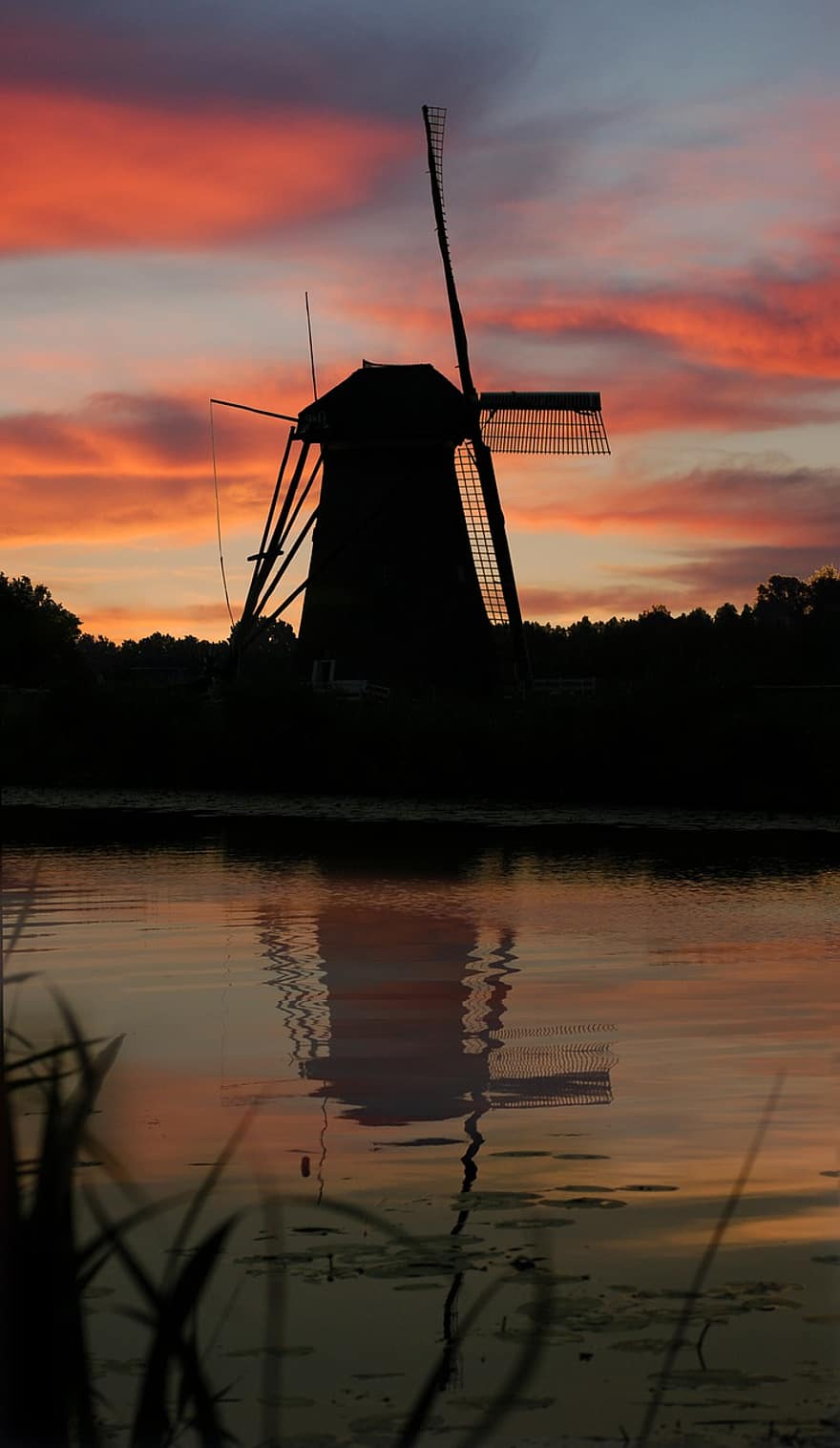Windmill, Silhouette, Sunset, Mill, Dusk, Structure, River, Water, Countryside, Rural, rural scene