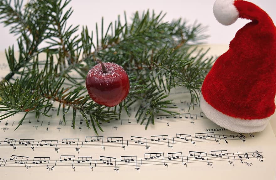 lagu-lagu Natal, kartu Natal, lembar musik, topi santa, kedatangan, Musim Adven, musik, musik natal, nilai, buku gradasi guru, cabang cemara