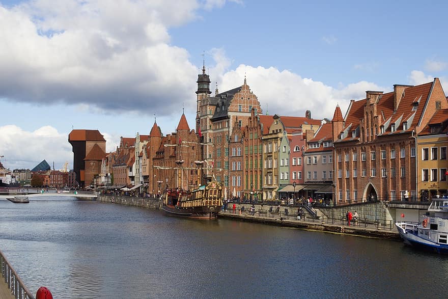 Gdańsk, by, kanal, Polen, bybilledet, båd, kaj, vandveje, bygninger, gammel by