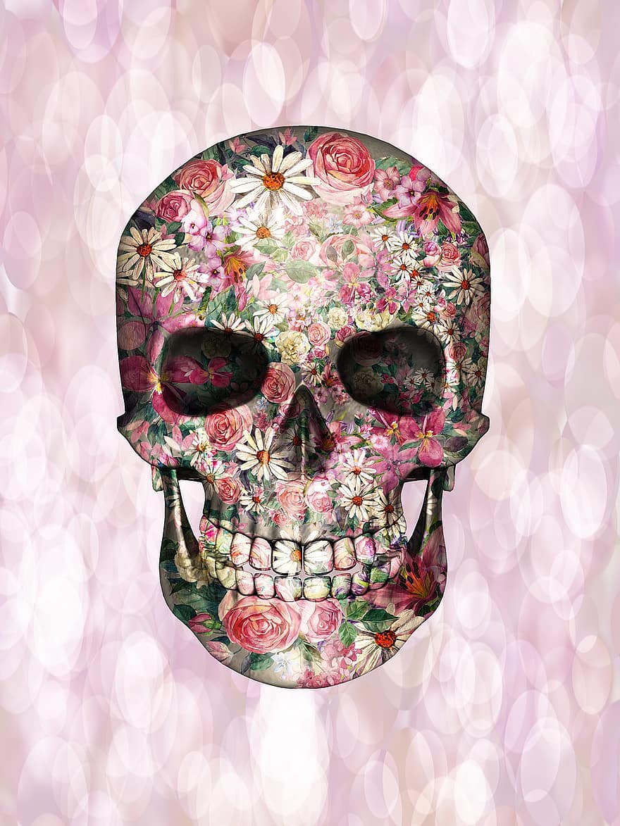 schedel, bloemen, decoratief, hoofd, ontwerp, patroon, girly, kleurrijk, decoratie, creatief, bokeh