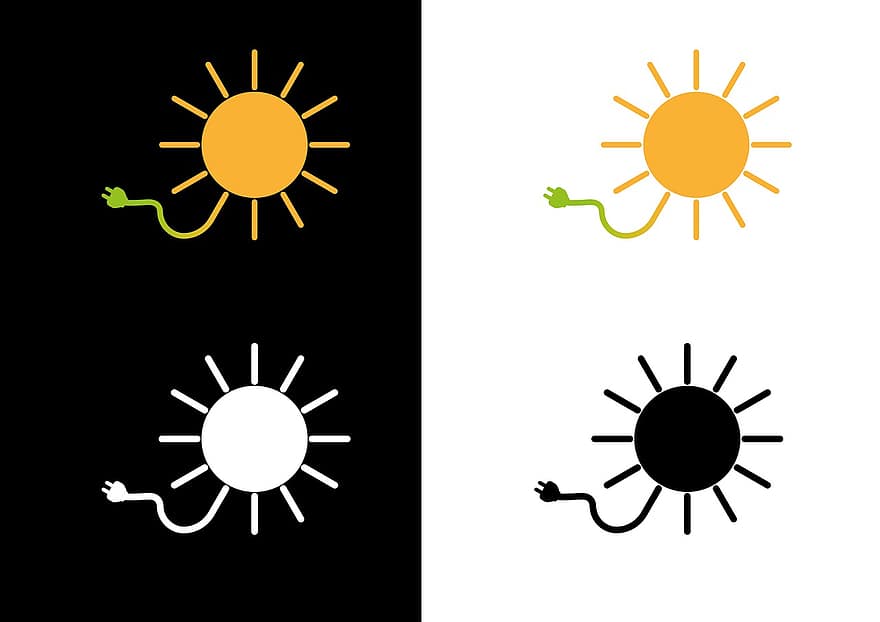solární energie, udržitelná energie, Přechod energie, životní prostředí, zelená energie, slunce, letní, ilustrace, vektor, symbol, slunečního světla